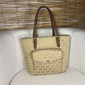 Michael Kors Beige Canvas MK Monogram Tote with Brown Leather Handles